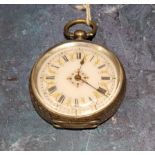 A 19th century Swiss silver open faced pocket watch, Roman numerals, the face with gilt arches,