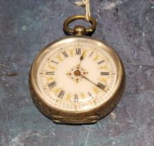 A 19th century Swiss silver open faced pocket watch, Roman numerals, the face with gilt arches,