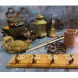 Boxes and Objects - a green verdigris cast metal duck;  a coat hook;  a lantern;  a model car; knife