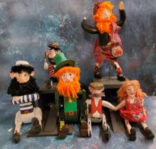 Pedal action puppet papier mache and wooden theatre figures, Scotsman, Sailor, Leprechaun, Morris