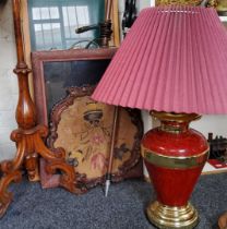 A Victorian pole screen, tapestry banner, c.1870;   a shooting stick;  two glazed display cases;