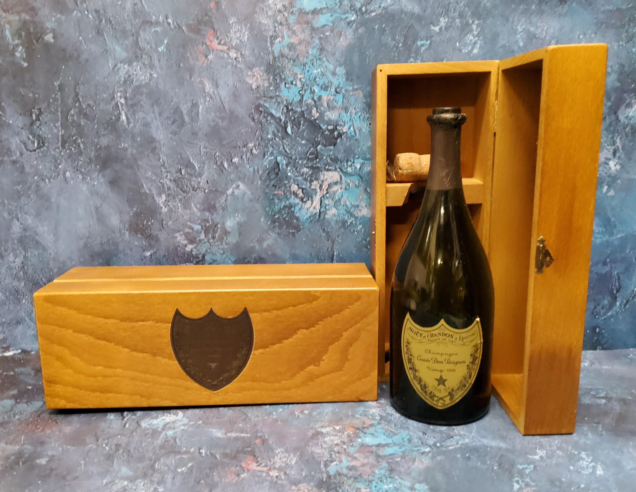 Two Cuvee Dom Perignon Vintage wooden cases;  two empty  bottles of Cuvee Dom Perignon 1966