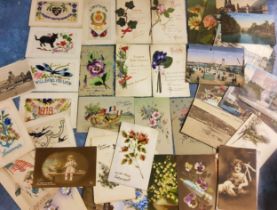 World War I silk postcards - Pansy, Good luck black cat, dragonfly, 1918, Souvenir;  other cards and