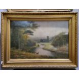 A late Victorian oilograph, signed R F McIntyre depicting Fountains Abbey, Yorkshire, bold gilt