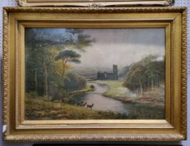 A late Victorian oilograph, signed R F McIntyre depicting Fountains Abbey, Yorkshire, bold gilt