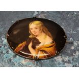 A white metal mounted hand painted brooch depicting a young girl and her dog, 5.3 x 6.5cm