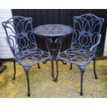 Outdoor furniture - a cast metal bistro set including table and two Art Nouveau inspired chairs,