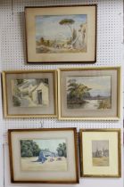 Five original early 20th century watercolours, including two works by E. Mabbott 'River Scene' and a