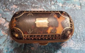 A 19th century tortoiseshell and gold coloured metal pique purse, with shield cartouche, 6.5cm wide,