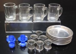 Dolls Accessories - five clear glass beer steins;  Victorian blue glass tea for two, comprising