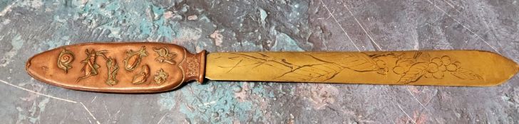 A Japanese copper and brass paper knife, the handle in relief with grasshopper, snail and other