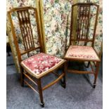 A pair of Edwardian Sheraton Revival mahogany, walnut and satinwood inlaid bedroom chairs c.1905