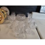 Glassware - a good quality strawberry and cut glass bowl;  six bowls;  tumblers;  brandy glass;  etc