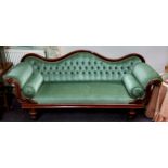 A Victorian mahogany lyre-arm sofa, serpentine back, stuffed-over upholstery, turned legs,