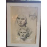 In the manner of Laura Knight, Study of Three Heads, pencil, signed, 34cm x 24cm