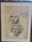 In the manner of Laura Knight, Study of Three Heads, pencil, signed, 34cm x 24cm