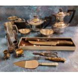 Plate Ware - an E.P.N.S.  four piece tea service;  cruet sets;  horn hafted carving set; grape