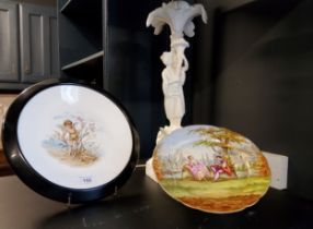 A French shaped circular pedestal plate, painted with courting couple, 22.5cm diam, c.1900;   a 19th