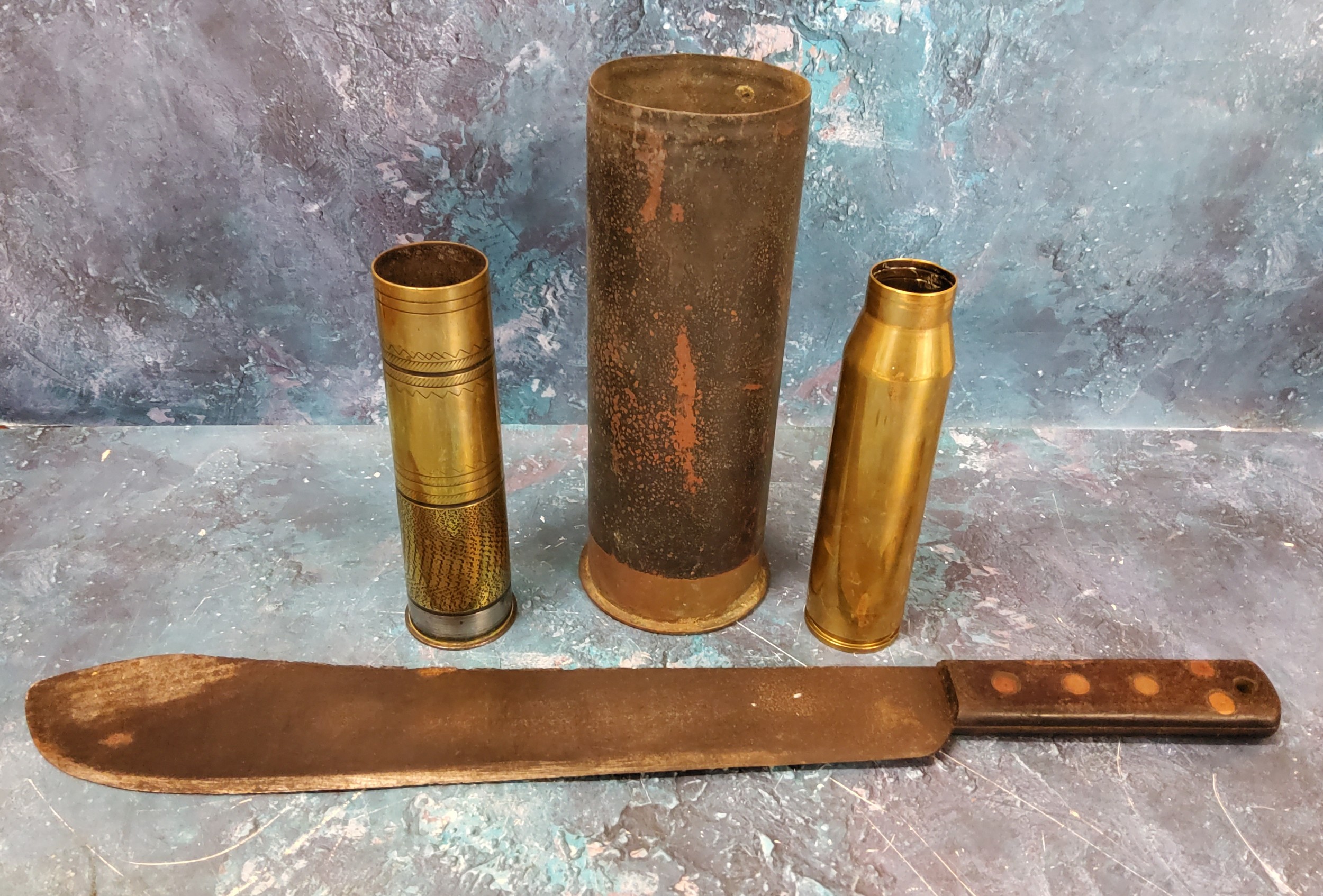 World War II - a military machate, steel blade,  1939-45;   a brass shell case, 22.5cm high;