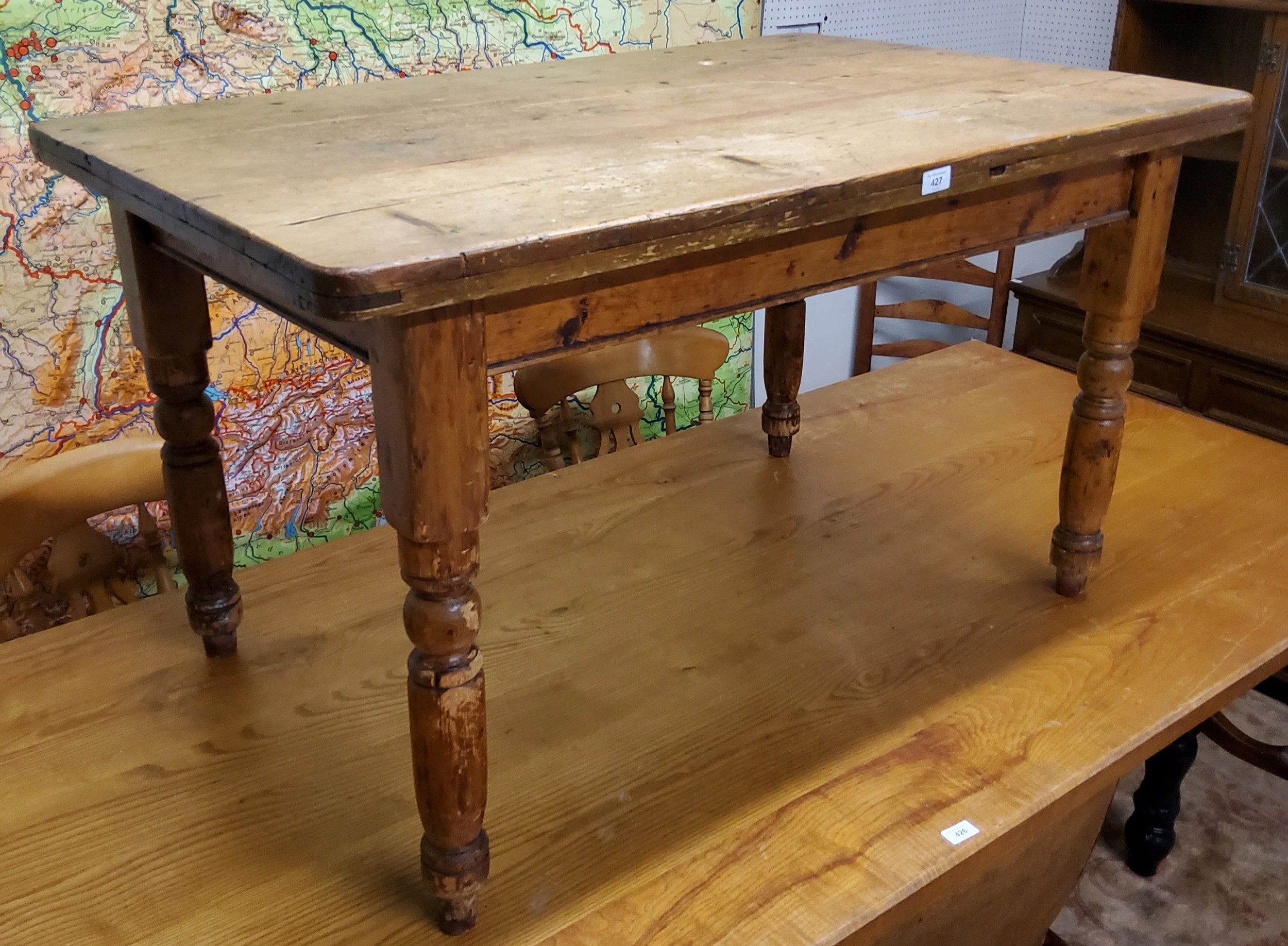 A Victorian farmhouse pine scrub top table, turned legs c.1880