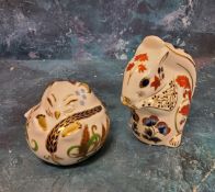 A Royal Crown Derby paperweight, Dormouse, gold stopper;  another, Squirrel, silver stopper (2)