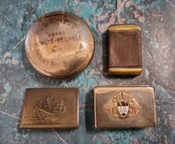 An early 20th century chrome snuff box, Robin Hood Brand Always Reliable, 7cm diam;  a chrome