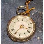 A continental  silver open faced pocket watch, Roman numerals, green enamelled dial, the back