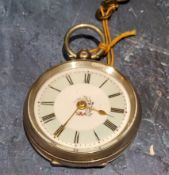 A continental  silver open faced pocket watch, Roman numerals, green enamelled dial, the back