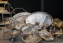 Plated Ware - an E.P.N.S. gallery tray;  an oval tray;  graduated cake stands;  candelabrum;  salt