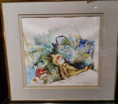 Monique Partridge (20th century) Still Life of a Doll, Kettle and Flowers, signed, watercolour, 33cm