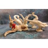 Four Lladro geese, various poses;  a Lladro ass/donkey foal (5)