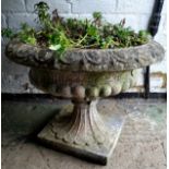 A reconstituted stone 'tazza' shaped garden urn