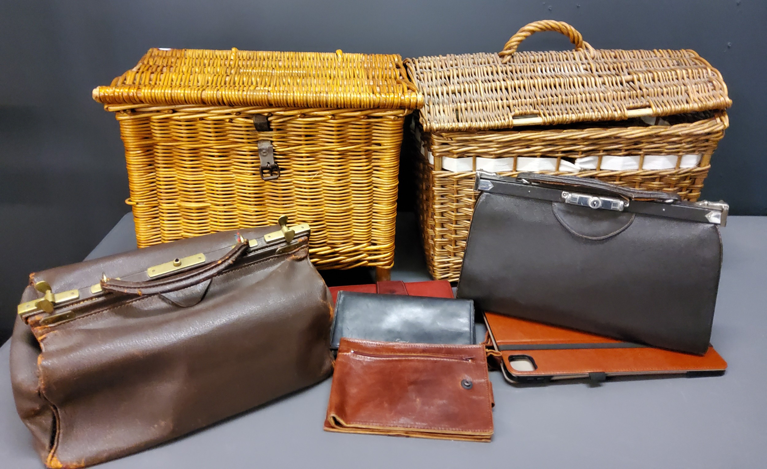 A wicker basket;  another;   a Finnigans leather bag;  leather purses;  Textiles - lace table - Image 2 of 2