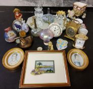 A Junghans brass carriage clock;  a glass mushroom paperweight;  a mirrored dressing table tray;