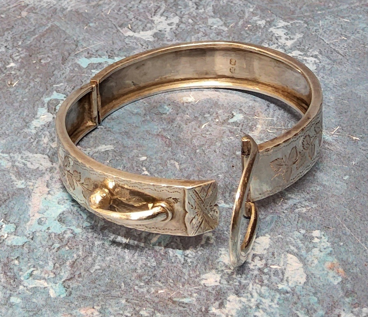 A Victorian silver hinged buckle bangle, chased and engraved with foliate, Lawrence Emanuel, - Image 2 of 2