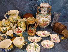 Four Royal Crown Derby Posies pattern pin trays;  Ben Thomas Porcelain teapot, jug, storage jar;