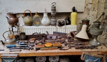 Salvage & Tools - a miner's lamp, workshop anglepoise type lamp, late 19th century engraved brass