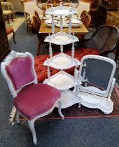 A 19th century French hall chair, painted white; five tier whatnot and a Victorian dressing table