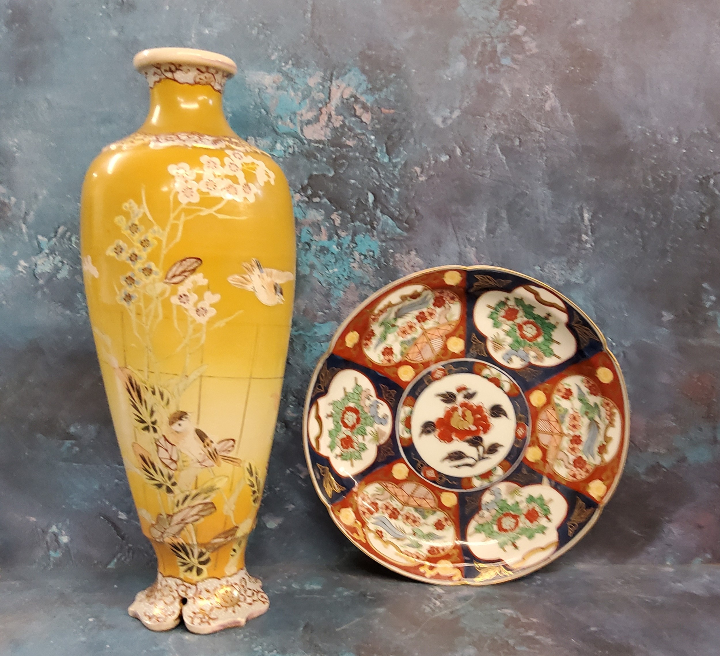 A Japanese Satsuma slender ovoid vase, 42cm high, Meiji period;  a Japanese Imari shaped circular