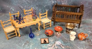 Doll House Accessories - a crib;  side table;  four kitchen chairs;  glasses;  decanter;