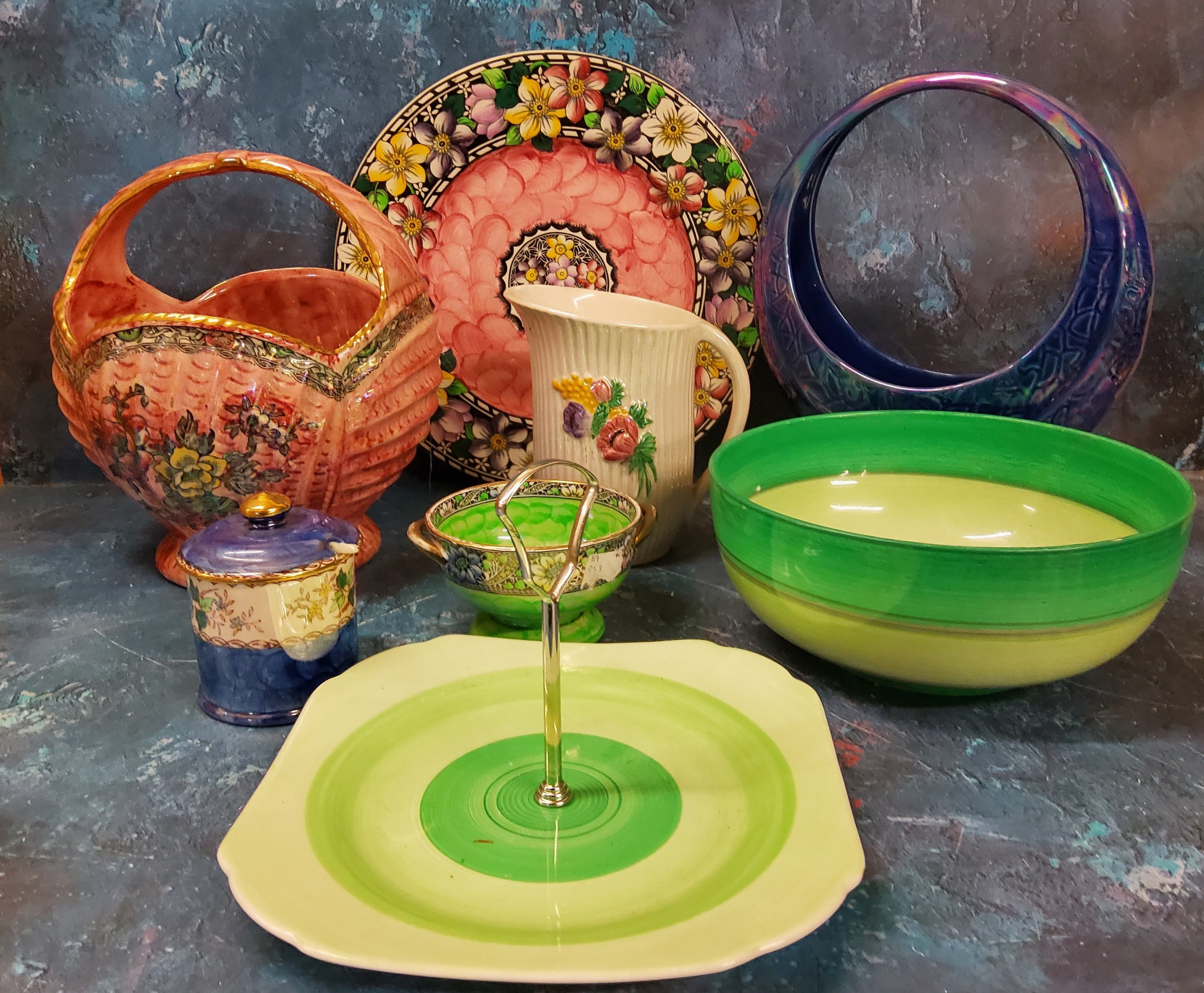 A Shelley Harmony Art Ware banded green bowl, printed mark;  a similar cake plate, posted chrome