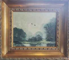 Hallard, 20th century, Wild Geese Taking Flight, signed, dated 76, oil on board, 19cm x 24cm