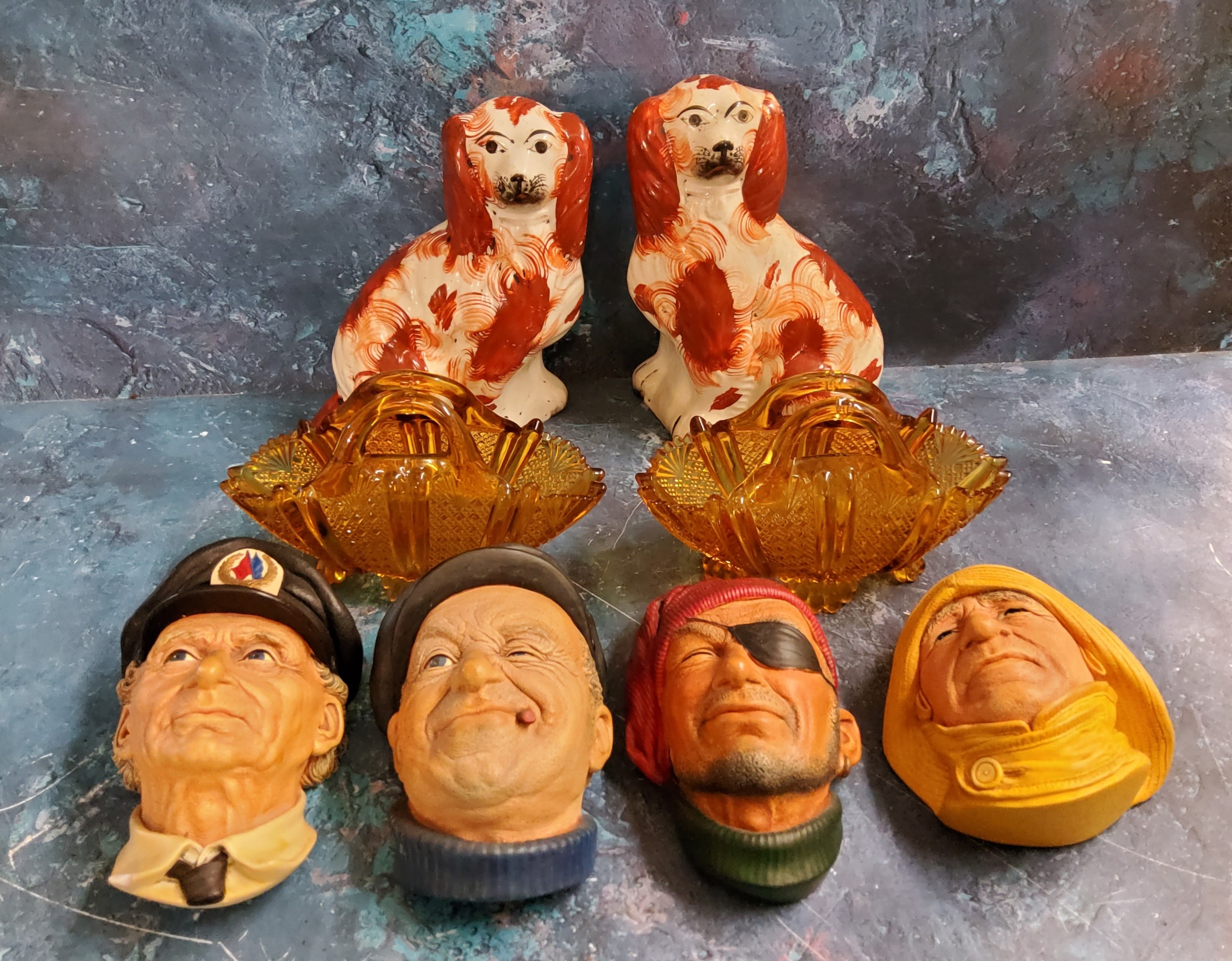 Four  Bossons wall mask;   a pair of amber glass press moulded baskets;  Dresden figure;  pair of - Image 2 of 2