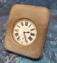An oversized Brock & Son, Edinburgh, pocket/travel clock, Swiss movement, stamped 7032, white enamal