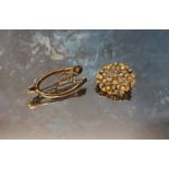 A Victorian 15ct gold and seed pearl circular floral brooch, 3.2g gross; an Edwardian 9ct gold