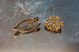 A Victorian 15ct gold and seed pearl circular floral brooch, 3.2g gross; an Edwardian 9ct gold
