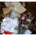 Textiles - tapestry embroidered cushions;  faux flowers;  lace, napkin rings;  etc