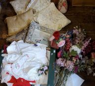 Textiles - tapestry embroidered cushions;  faux flowers;  lace, napkin rings;  etc