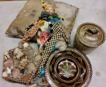 A silk embroidered cushion;   a shell encrusted box;  stoneware storage jar;   a Commedia dell'