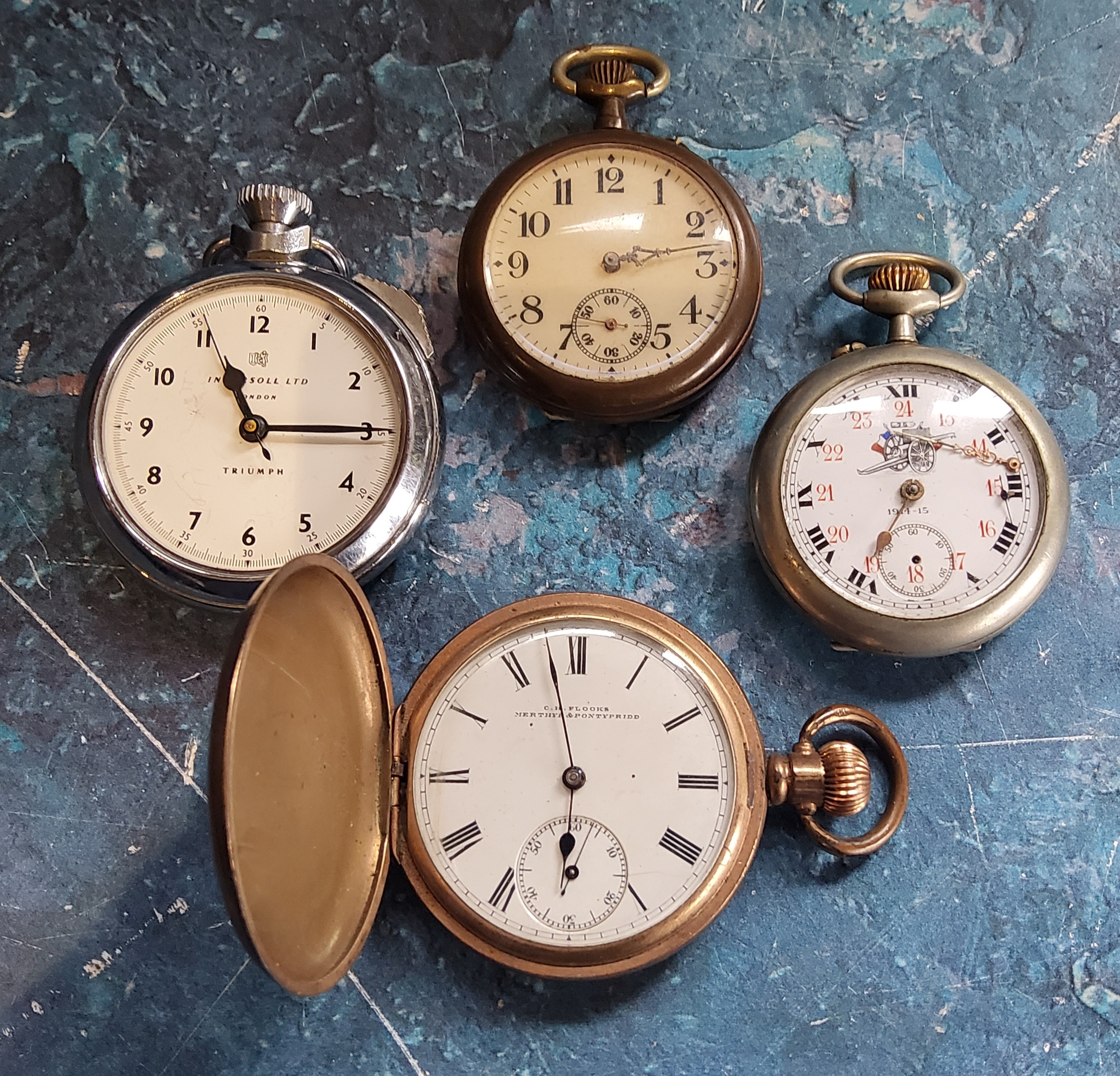 A gold plated full hunter pocket watch, Roman numerals, subsidiary seconds dial;  a French World War